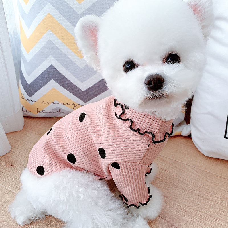 Polka Dot Turtleneck Dog Shirt — Lightweight Cotton, Sizes 3XS–3XL