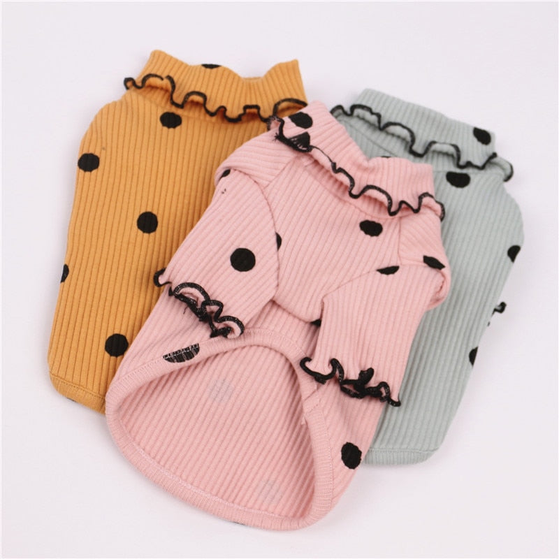 Polka Dot Turtleneck Dog Shirt — Lightweight Cotton, Sizes 3XS–3XL