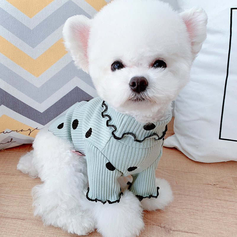 Polka Dot Turtleneck Dog Shirt — Lightweight Cotton, Sizes 3XS–3XL