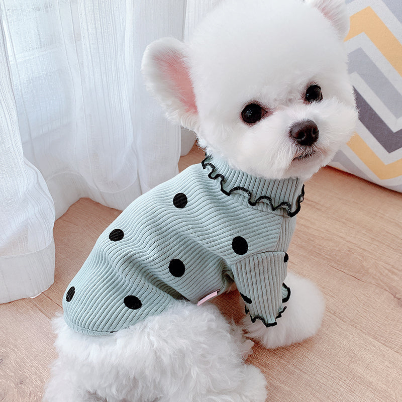 Polka Dot Turtleneck Dog Shirt — Lightweight Cotton, Sizes 3XS–3XL