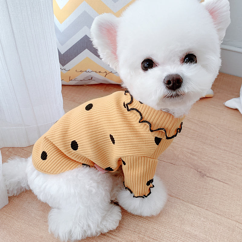 Polka Dot Turtleneck Dog Shirt — Lightweight Cotton, Sizes 3XS–3XL
