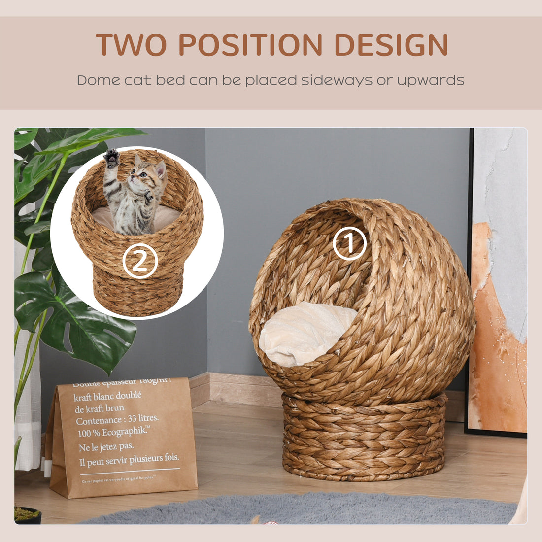 Handwoven Elevated Cat Bed with Soft Cushion & Egg Chair Shape